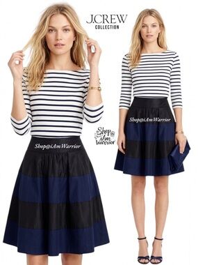 J.Crew Collection silk-cotton black & midnight navy striped rugby a-line skirt